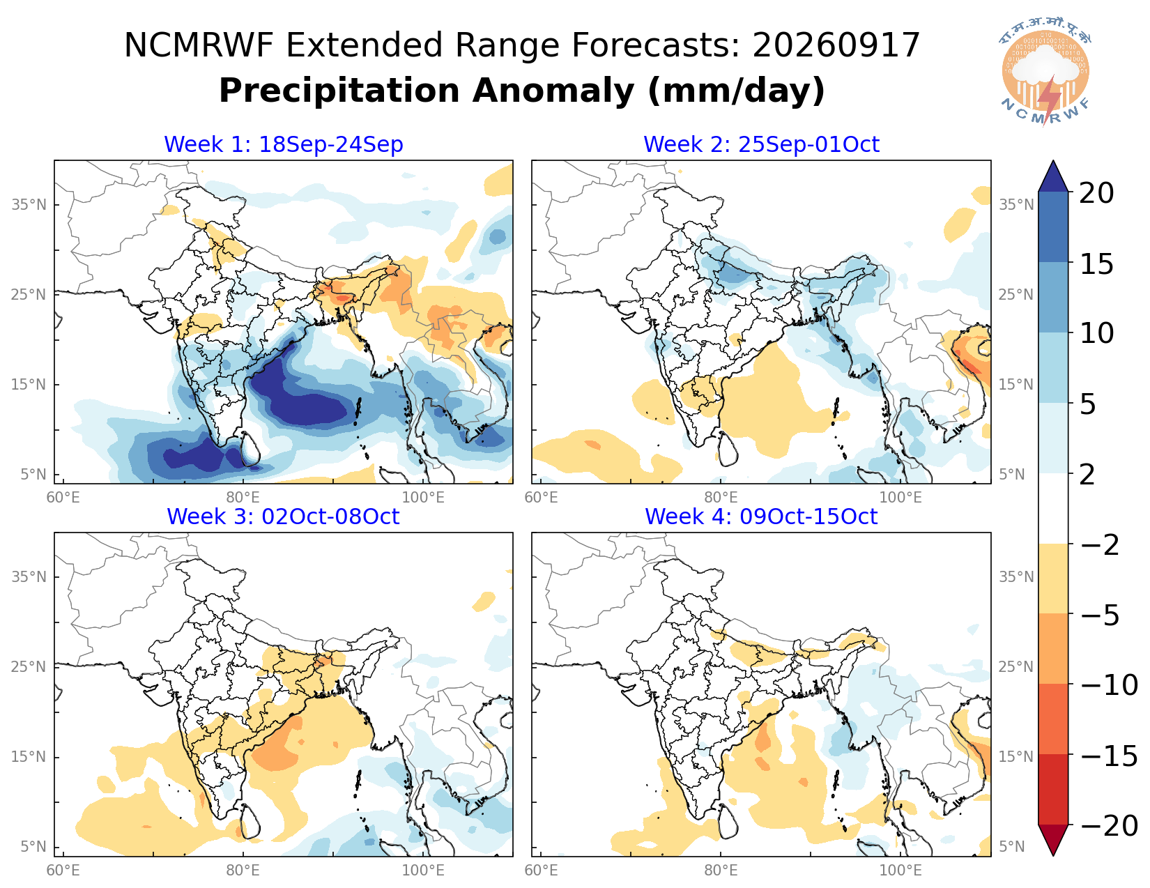 Rainfall Anomaly Forecast for the next 4 weeks, NCMRWF