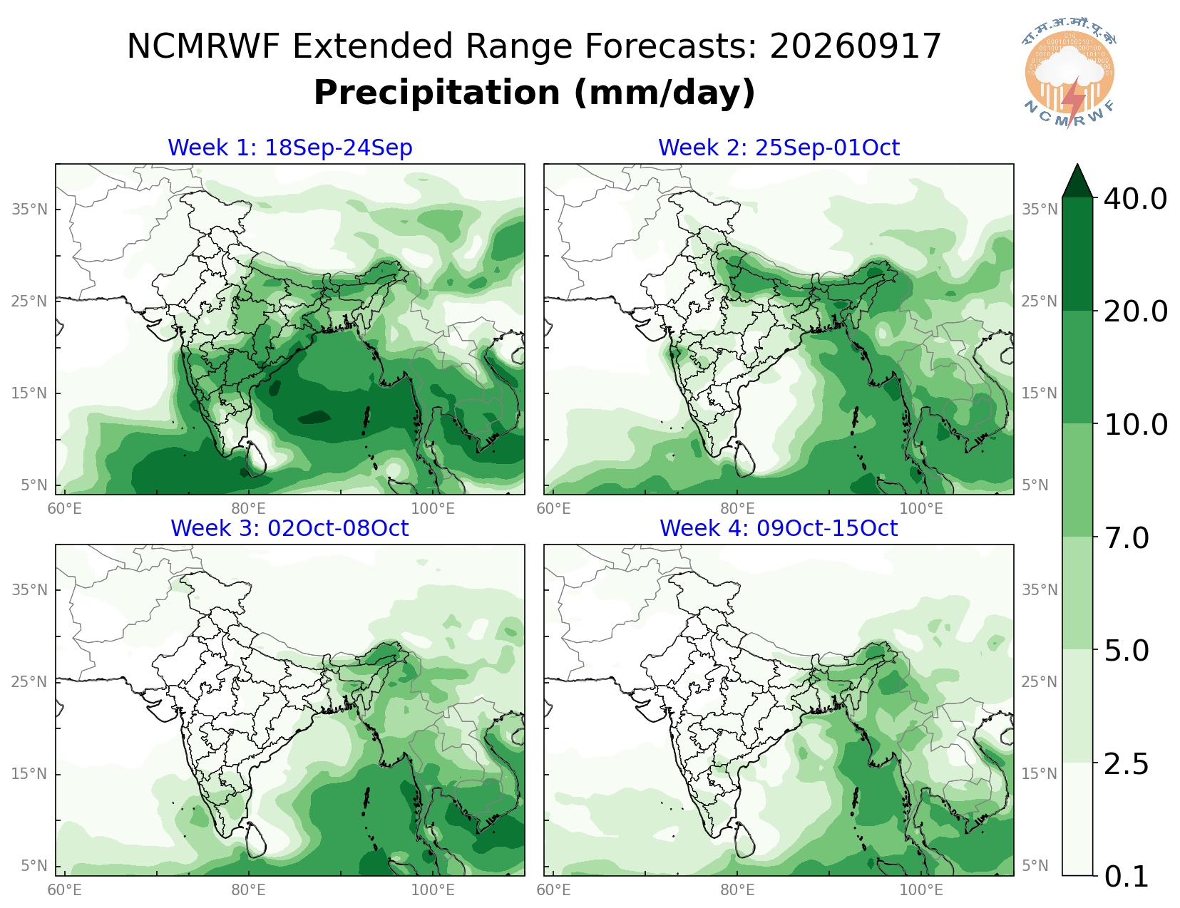 Rainfall forecast for the next 4 weeks, NCMRWF